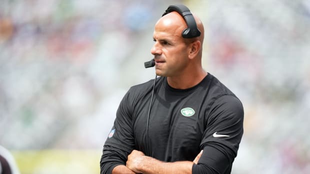 New York Jets head coach Robert Saleh crosses arms on sideline in preseason